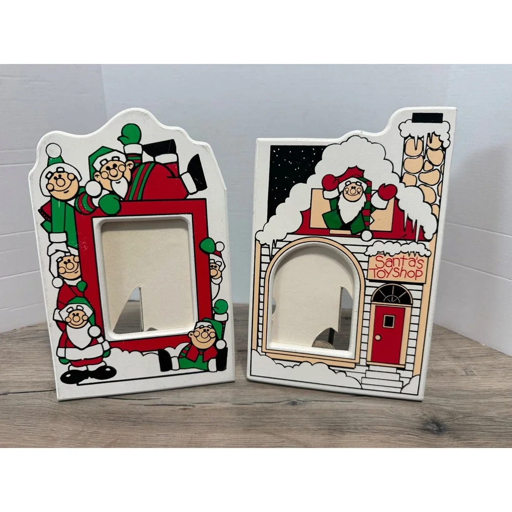 Vintage 1988 Cherry Hill Photo Christmas Wood Picture Frames Santa Toy Shop Set